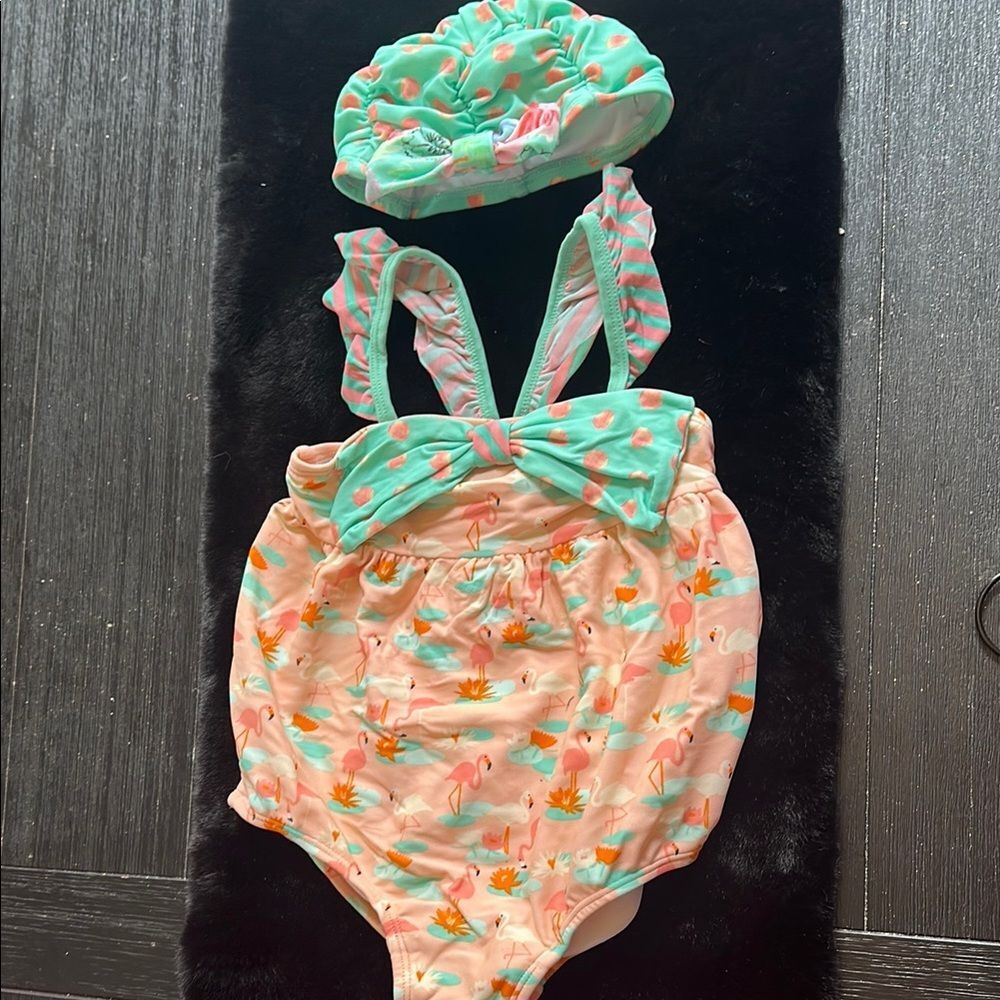 Flamingo Print Baby Swimsuit with Cap